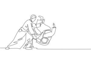 One continuous line drawing of two young man aikido fighter practice throw technique at dojo training center. Martial art combative sport concept. Dynamic single line draw design vector illustration