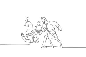 One continuous line drawing of young man aikido fighter practice fighting technique at dojo training center. Martial art combative sport concept. Dynamic single line draw design vector illustration