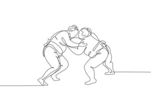 One single line drawing of two young overweight Japanese sumo man fighting at arena competition vector illustration. Traditional rikishi combative sport concept. Modern continuous line draw design