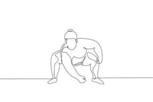 One single line drawing of young overweight Japanese sumo man ready to fight at arena competition vector illustration. Traditional rikishi combative sport concept. Modern continuous line draw design