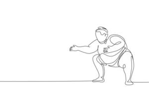 dibujo de línea continua única de un joven hombre gordo y gordo de sumo japonés entrenando en el centro de gimnasio arena. festival tradicional concepto de arte marcial. Ilustración gráfica de vector de diseño de dibujo de una línea de moda