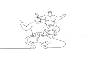 One continuous line drawing of two young big Japanese rikishi men prepare to fight at festival tournament. Traditional sumo sport concept. Dynamic single line draw design vector graphic illustration