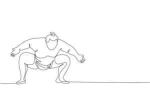 One single line drawing of young overweight Japanese sumo man ready to fight at arena competition vector illustration. Traditional rikishi combative sport concept. Modern continuous line draw design