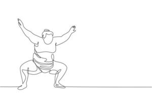 Un dibujo de una sola línea del joven hombre de sumo japonés con sobrepeso listo para luchar en la ilustración de vector de competencia de arena. concepto de deporte combativo tradicional rikishi. diseño moderno de dibujo de línea continua