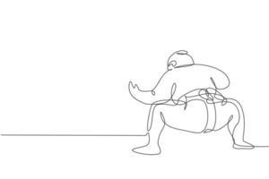 Single continuous line drawing of young big fat Japanese sumo man training at arena gym center. Traditional festival martial art concept. Trendy one line draw graphic design vector illustration