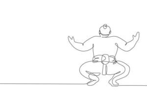 One continuous line drawing of young big Japanese rikishi man prepare to fight at festival tournament. Traditional sumo sport concept. Dynamic single line draw graphic design vector illustration