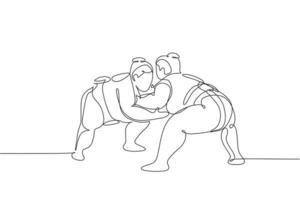 Single continuous line drawing two young big fat Japanese sumo men training fight at arena gym center. Traditional festival martial art concept. Trendy one line draw design vector illustration graphic