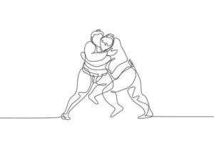 Un dibujo de una sola línea de dos jóvenes japoneses con sobrepeso que luchan en la ilustración de vector de competencia de arena. concepto de deporte combativo tradicional rikishi. diseño moderno de dibujo de línea continua