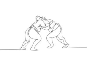 One continuous line drawing of two young big Japanese rikishi men prepare to fight at festival tournament. Traditional sumo sport concept. Dynamic single line draw design vector graphic illustration