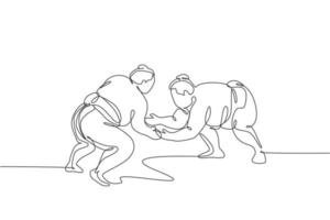 Single continuous line drawing two young big fat Japanese sumo men training fight at arena gym center. Traditional festival martial art concept. Trendy one line draw graphic design vector illustration