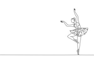 One single line drawing of young beauty dancer woman on tutu exercise classic ballet dance at ballet class vector graphic illustration. Choreographic move concept. Modern continuous line draw design