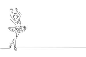 One single line drawing of young beauty dancer woman on tutu exercise classic ballet dance at ballet class graphic vector illustration. Choreographic move concept. Modern continuous line draw design