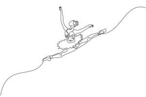 One continuous line drawing of young graceful woman ballet dancer perform beauty classic dance at stage of opera house. Ballet performance concept. Dynamic single line draw design vector illustration