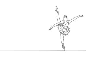 One single line drawing of young beauty dancer woman on tutu exercise classic ballet dance at ballet class graphic vector illustration. Choreographic move concept. Modern continuous line draw design