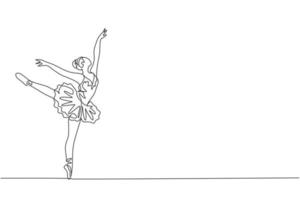 One single line drawing of young beauty dancer woman on tutu exercise classic ballet dance at ballet class graphic vector illustration. Choreographic move concept. Modern continuous line draw design