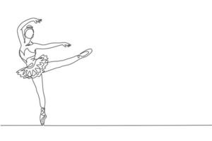 Un dibujo de una sola línea de mujer joven bailarina de belleza en tutú ejercita danza clásica de ballet en la ilustración de vector gráfico de clase de ballet. concepto de movimiento coreográfico. diseño moderno de dibujo de línea continua