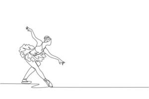 One single line drawing of young beauty dancer woman on tutu exercise classic ballet dance at ballet class graphic vector illustration. Choreographic move concept. Modern continuous line draw design