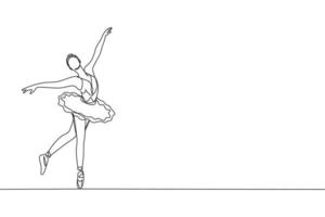 One single line drawing of young beauty dancer woman on tutu exercise classic ballet dance at ballet class vector graphic illustration. Choreographic move concept. Modern continuous line draw design