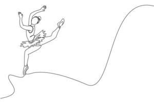 One single line drawing of young beauty dancer woman on tutu jumping exercise classic ballet dance at ballet class vector illustration. Choreographic move concept. Modern continuous line draw design