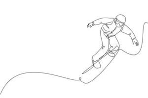 One continuous line drawing of young sporty man snowboarder riding snowboard and jump at alps snowy powder mountain. Winter lifestyle sport concept. Dynamic single line draw design vector illustration