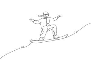 One single line drawing of young energetic snowboarder woman ride fast snowboard at snowy mountain vector illustration. Tourist vacation lifestyle sport concept. Modern continuous line draw design