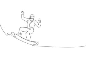 One continuous line drawing of young sporty man snowboarder riding snowboard in alps snowy powder mountain. Winter lifestyle sport concept. Dynamic single line draw graphic design vector illustration