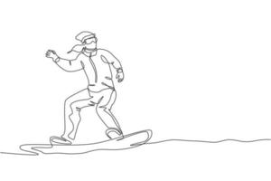 One single line drawing of young energetic snowboarder woman ride fast snowboard at snowy mountain vector illustration. Tourist vacation lifestyle sport concept. Modern continuous line draw design