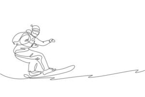 un dibujo de línea continua de un joven snowboarder deportivo montando snowboard en la montaña nevada de los Alpes. concepto de deporte de estilo de vida de invierno. Ilustración de vector gráfico de diseño de dibujo de línea única dinámica