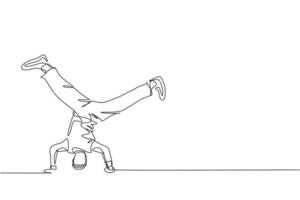 Single continuous line drawing of young energetic hip-hop dancer man practice head stand break dancing in street. Urban generation lifestyle concept. Trendy one line draw design vector illustration