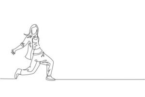 Single continuous line drawing of young energetic hip-hop dancer woman on jacket practice break dancing in street. Urban generation lifestyle concept. Trendy one line draw design vector illustration