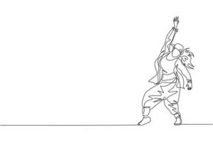 One single line drawing of young modern street dancer woman with hat performing hip hop dance on the stage vector illustration graphic. Urban generation lifestyle concept. Continuous line draw design