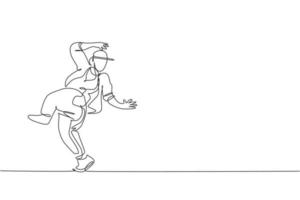 Una sola línea de dibujo joven moderno bailarín callejero con chándal realizando danza hip hop en la ilustración gráfica de vector de escenario. concepto de estilo de vida de generación urbana. diseño de dibujo de línea continua