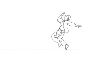 Single continuous line drawing of young energetic hip-hop dancer woman on hoodie practice break dancing in street. Urban generation lifestyle concept. Trendy one line draw design vector illustration
