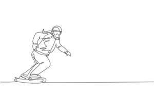 Single continuous line drawing of young sportive snowboarder woman riding snowboard at mountain. Outdoor extreme sport. Winter season vacation concept. Trendy one line draw design vector illustration