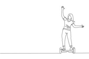 One single line drawing of young energetic man riding hoverboard at city park vector illustration. Future gyro scooter transport. Healthy urban lifestyle concept. Modern continuous line draw design