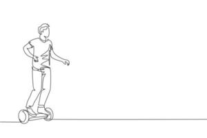 Single continuous line drawing of young happy man riding hoverboard at public area. Eco friendly gyroscooter transportation. Urban lifestyle concept. Trendy one line draw design vector illustration