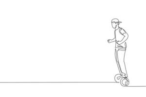 One single line drawing of young energetic man riding hoverboard at city park vector graphic illustration. Future transporter. Healthy lifestyle sport concept. Modern continuous line draw design