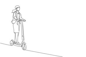 dibujo de una sola línea de mujer joven trabajadora enérgica montando scooter eléctrico a la ilustración de vector de oficina. transporte futuro. concepto de deporte de estilo de vida saludable. diseño moderno de dibujo de línea continua