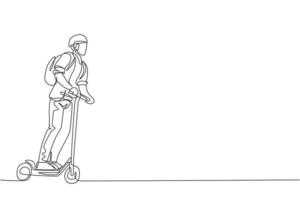 One continuous line drawing of young happy businessman ride electric scooter to go to company. Green transportation. Future urban lifestyle concept. Dynamic single line draw design vector illustration