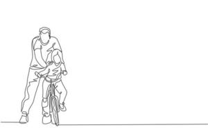 Single continuous line drawing of young kids girl learning ride bicycle with father at outdoor park. Parenthood lesson. Family time concept. Trendy one line draw design vector graphic illustration