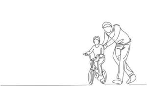 One continuous line drawing of young father help his son learning to ride a bicycle at countryside together. Parenthood lesson concept. Dynamic single line draw design graphic vector illustration