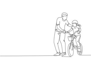 One single line drawing young father teaching his daughter riding bicycle at public park graphic vector illustration. Fatherhood lesson. Urban family time concept. Modern continuous line draw design