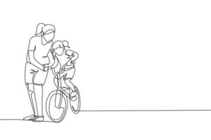One continuous line drawing of young mother help her daughter learning to ride a bicycle at countryside together. Parenthood lesson concept. Dynamic single line draw design vector graphic illustration