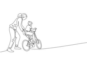 Un dibujo de una sola línea de la joven madre enseñando a su hijo a andar en bicicleta en la ilustración gráfica de vector de parque público. lección de maternidad. concepto de tiempo familiar urbano. diseño moderno de dibujo de línea continua