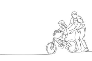 One single line drawing young father teaching his daughter riding bicycle at public park vector graphic illustration. Fatherhood lesson. Urban family time concept. Modern continuous line draw design