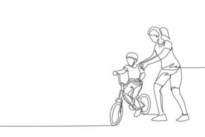 Single continuous line drawing of young kids boy learning ride bicycle with mother at outdoor park. Parenthood lesson. Family time concept. Trendy one line draw design vector graphic illustration