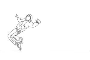 Single continuous line drawing of young energetic hip-hop dancer man on hoodie practice break dancing on street. Urban generation lifestyle concept. Trendy one line draw design vector illustration