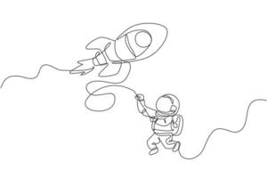 One single line drawing astronaut in spacesuit floating and discovering deep space with rocket spaceship vector illustration. Exploring outer space concept. Modern continuous line draw graphic design