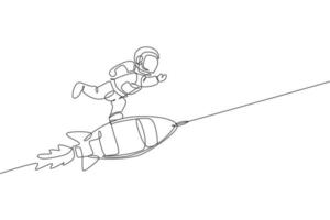 One single line drawing of astronaut in spacesuit floating and discovering deep space while standing at rocket spaceship illustration. Exploring outer space concept. Modern continuous line draw design vector