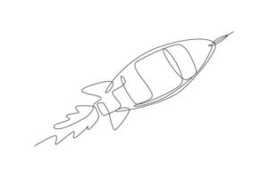 One single line drawing of simple vintage rocket takes off into the outer space graphic vector illustration. Exploration cosmos galactic with spaceship concept. Modern continuous line draw design